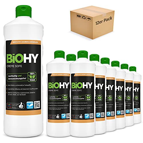 BiOHY Creme Seife (12x1l Flasche) | Hautschonende, rückfettende und geruchsneutrale Handseife Nachfüller aus dem pflanzlichen Bereich PHOSPHATFREI | Ohne Parfüm und Farbstoffe