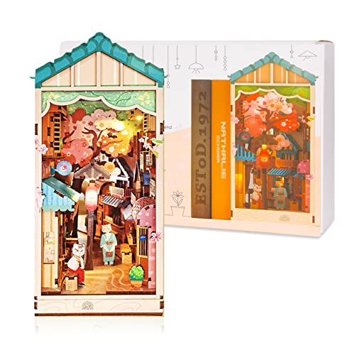 Book Nook, LED Puppenhaus Miniatur Kit, DIY 3D Puzzle Booknook Bücherregal Einsatz, Buchstützen Dekoration, Geburtstags & Festivalgeschenk für Erwachsene Kinder (Sonnenschein Allee)