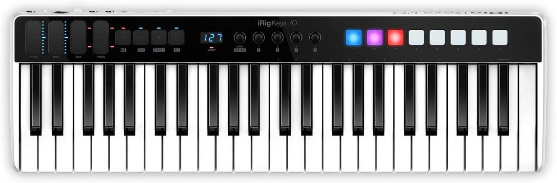 IK Multimedia iRig Keys I/O MIDI 49 - MIDI-Tastatur, tragbare Klaviertastatur, für Mac, iPhone und iPad, 49 Tasten, 8 Pads, Musikproduktionsstation, Software und Anwendungen