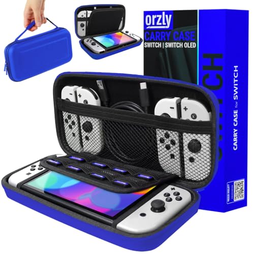 Orzly Tragetasche Kompatibel mit Nintendo Switch und New Switch OLED-Konsole - Blau schützende Hülle, Harte tragbare Reisetasche mit Taschen für Zubehör und Spiele