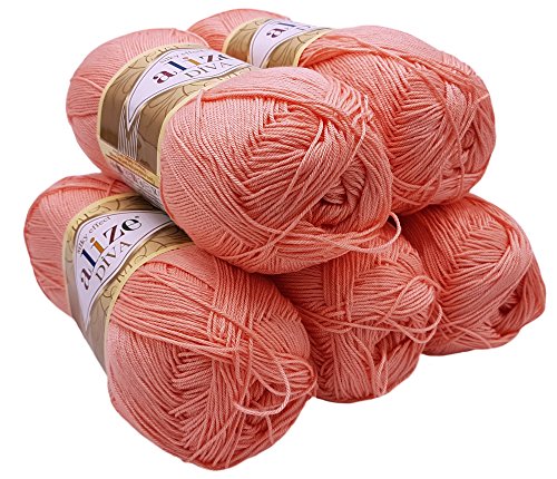 5 x 100 Gramm Wolle Diva Batik einfarbig, 500 Gramm merzerisierte Strickwolle microfiber-Acryl (apricot 145)