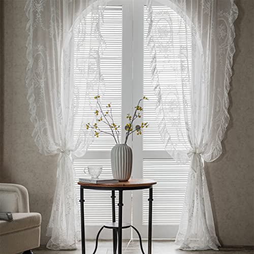 EXQUILEG 1er-Pack Vorhänge Weiß Transparent Spitze Vintage Rüschengardine Chic Gardine Vorhang Fensterschal für Wohnzimmer Schlafzimmer (150x220cm)