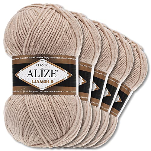 Alize 5 x 100 g Lanagold Wolle | 53 Auswahl | Stricken Häkeln Wolle (05 | Beige)