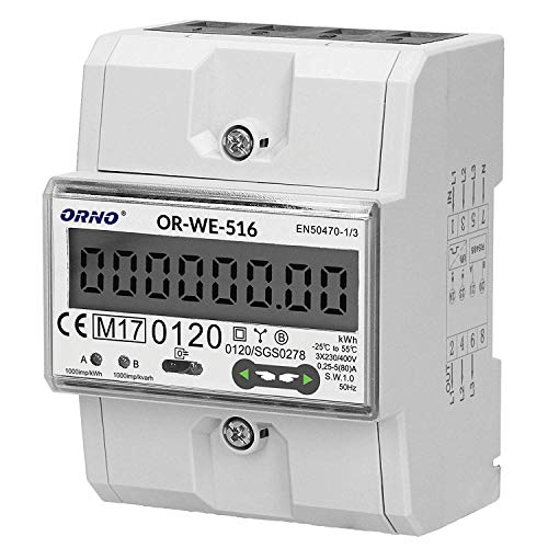 ORNO OR-WE-516 Stromzähler Hutschiene 3-Phasen-Anzeige des Stromverbrauchs mit MID Zertifikat, Modbus Kommunikationsprotokoll, 0,25A - 80A, 3 x 230V/400V, 50/60Hz, 1000 imp/kWh