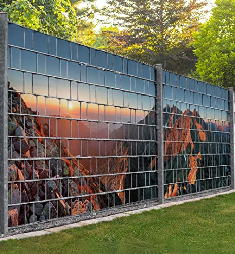 MyMaxxi Infinity Zaunsichtschutz - Berge mit Sonnenuntergang - Sichtschutzstreifen für Doppelstabmattenzaun - Windschutz Sonnenschutz Blickdicht - Sichtschutz Garten - Plane Sichtschutz -