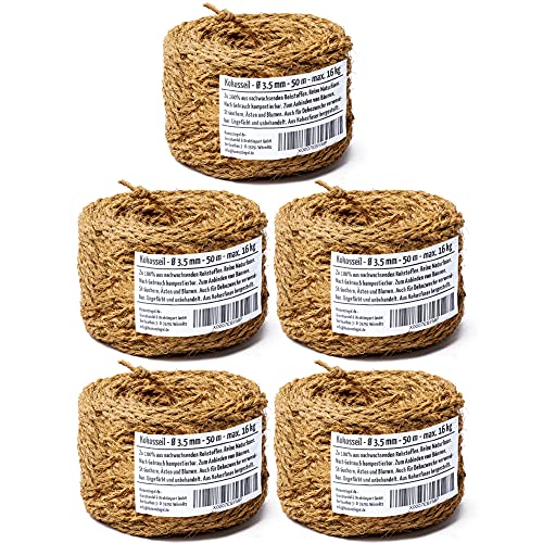 Humusziegel - Kokosseil 3.5 mm - 5 x 50 m - ungefärbte Naturfaser – Baumanbinder, Paketschnur, Pflanzenband & als Deko