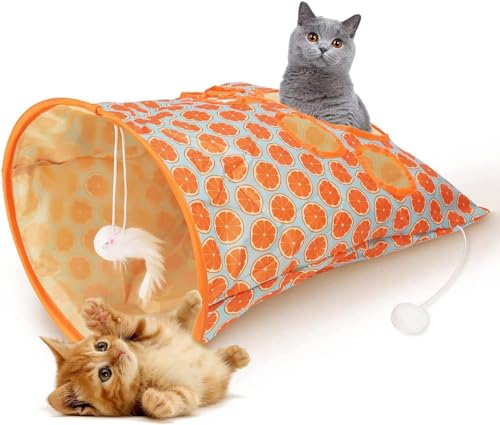 Cat Tunnel Bag, Crinkle Paper Collapsible Cat Drill Sleeping Bag with Mouse Toy, 2024 New Pet Cat Play Tunnel Toy, Cat Tunnel Bag Toy, Cat Self Interactive Toys with Plush Ball (Orange)