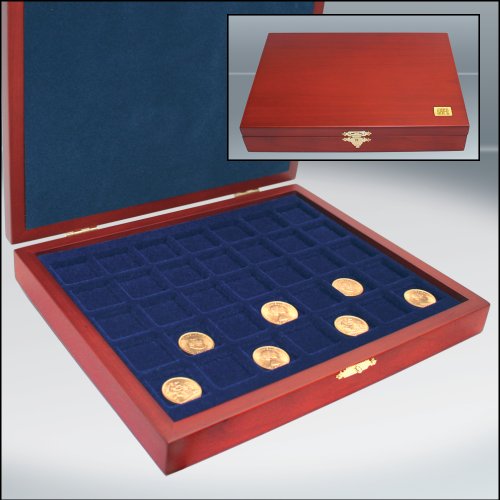 Safe 5883 Holz Münzkassette für 79 Münzen 27-41 mm | wattiertes Deckelkissen und 3 samtblauen Tableaus | quadratische Fächer, tresortauglich, stapelbar | Abmessungen: 255 x 210 x 40 mm