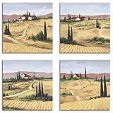 ARTLAND Leinwandbilder Set 4tlg. je 20x20 cm Quadratisch Wandbilder Landschaft Italien Malerei Ocker Toskana K2VV