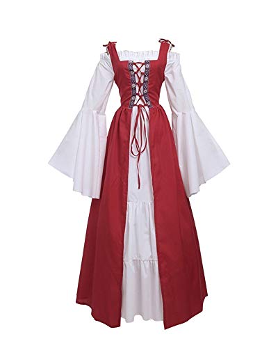 Mengyu Damen Mittelalter-Kostüm Langarm Vintage Retro Mittelalterkleid Gothic Prinzessin Kleid rot 3XL