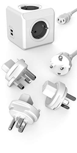 Travel-Cube ReWirable DuoUSB, Power-Würfel für 4 Stecker und 2 USB Ports (2,1 A), Mehrfach-Steckdose mit Schuko-Kabel und 3 Reise-Adapter für UK USA AUS, grau-weiß