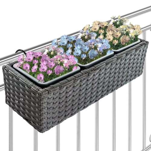 BAKAJI Blumenkasten in Rattan-Optik mit Haken und Ringen für Balkon, Balkonblumentopf und Tisch für Außen und Innen, Ständer mit 3 Fächern UV-beständig, 49 x 19 x 15 cm