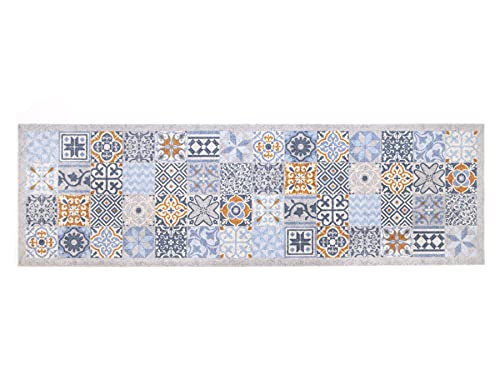Primaflor - Ideen in Textil Küchenläufer Küchenteppich Waschbar - 50 x 150 cm, Moroccan Tiles Grau-Blau, rutschfest, Schmutzfangläufer für Küche und Flur, Teppich-Läufer