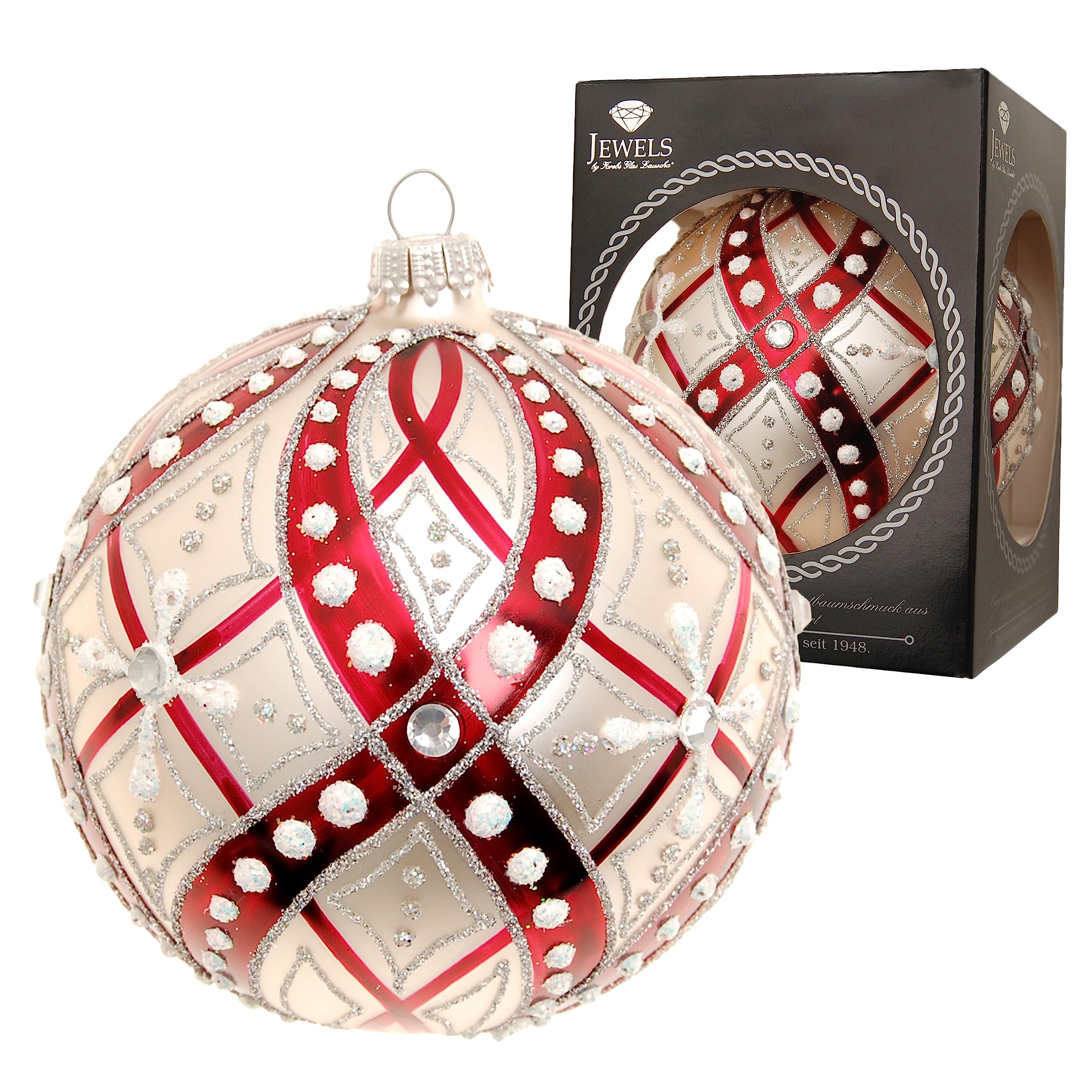 Krebs Glas Lauscha - Weihnachtsdekoration/Christbaumschmuck aus Glas - Weihnachtskugeln - Farbe: Rot/Silber - Verziert mit Strasssteinen - Größe: 10 cm