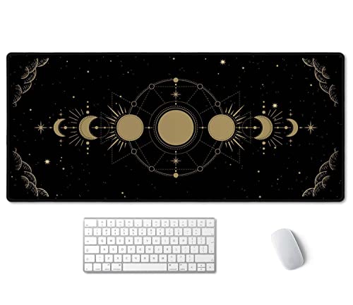 SSOIU Mondphasen-Schreibtischunterlage, Himmlische Schreibtischunterlage XXL, Mystische Astronomie Zodiac Erweitertes Gaming Mauspad (90.2x39.9 cm), großes Gummiboden-Mauspad