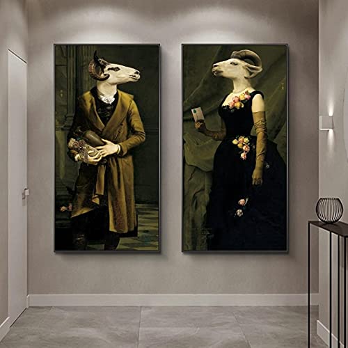 Kuingbhn Gräfin der Ziegen Vintage Poster drucken Tiere im Anzug Leinwandbilder Nordic Art Wand Leinwand Bild Dekor 60x120cmx2 Rahmenlos