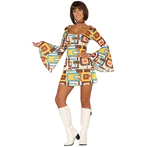 Amakando Schickes 70er Jahre Damen-Kleid im Retro-Look / L (42/44) / Flower Power Kostüm Disco Fever / Wie geschaffen zu Schlagermove & Karneval