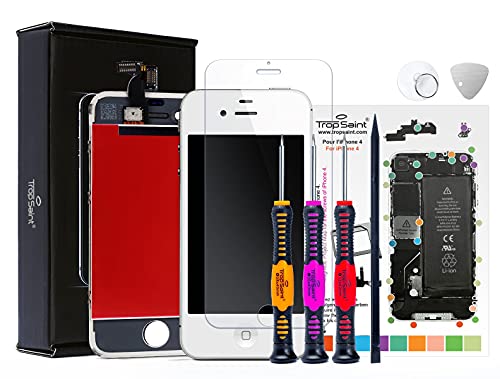 Trop Saint® Display Weiß Kompatibel mit iPhone 4 Bildschirm Reparaturset mit Magnetische Schraubenkarte, Werkzeug, Anleitung und Panzerglassfolie