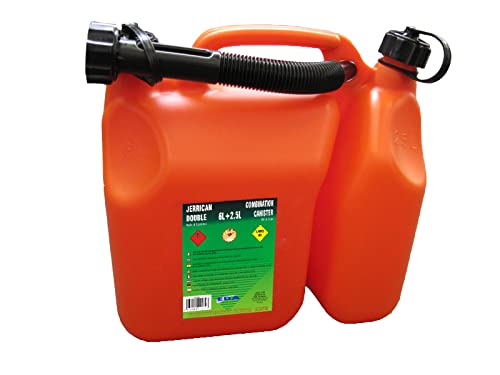 EDA - Benzinkanister mit doppeltem Fach – 6 l für Benzin + 2,5 l für Öl – mit starrem Ausgießer – zugelassen für Kraftstoff – 31,8 x 16,7 x 31,4 cm – Orange