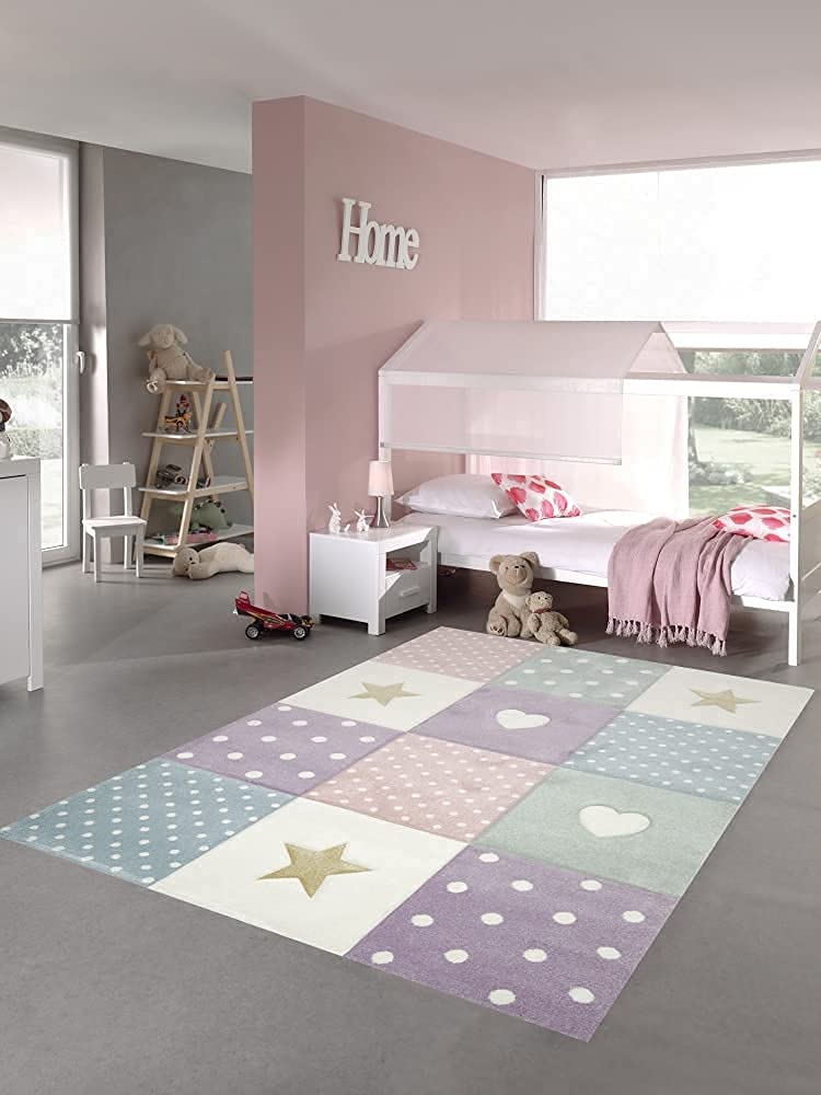 Teppich-Traum Kinderzimmer Teppich Spiel & Baby Teppich Herz Stern Punkte Design Grün Creme Rosa Blau Größe 80x150 cm