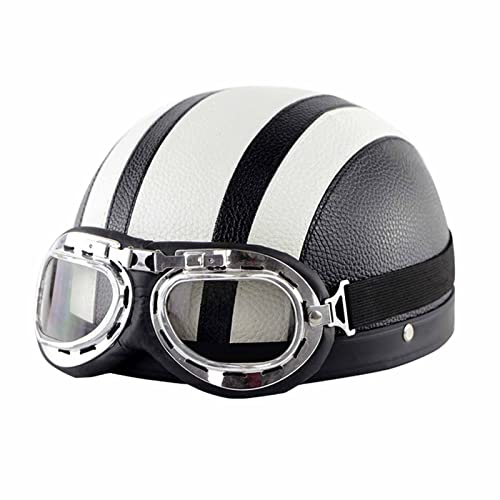 Leder Retro Jethelm Motorrad Scooter Halbhelme DOT/ECE-Zertifizierter Licht Halbhelme mit Schutzbrillen für Männer und Frauen Alle Jahreszeiten 7,A=58-62cm