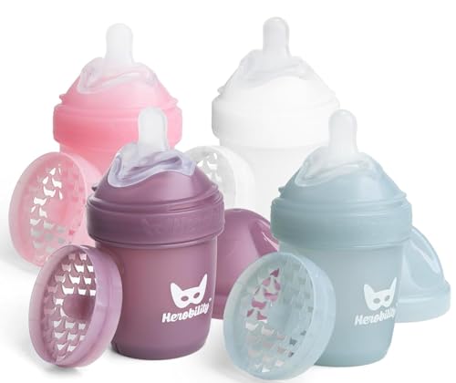 Herobility Double Anti-Colic Baby Bottles – 5 fl oz/140ml – 4-Pack – BPA-Free - Multicolor – White, Gray, Pink, Hawthorn Rose