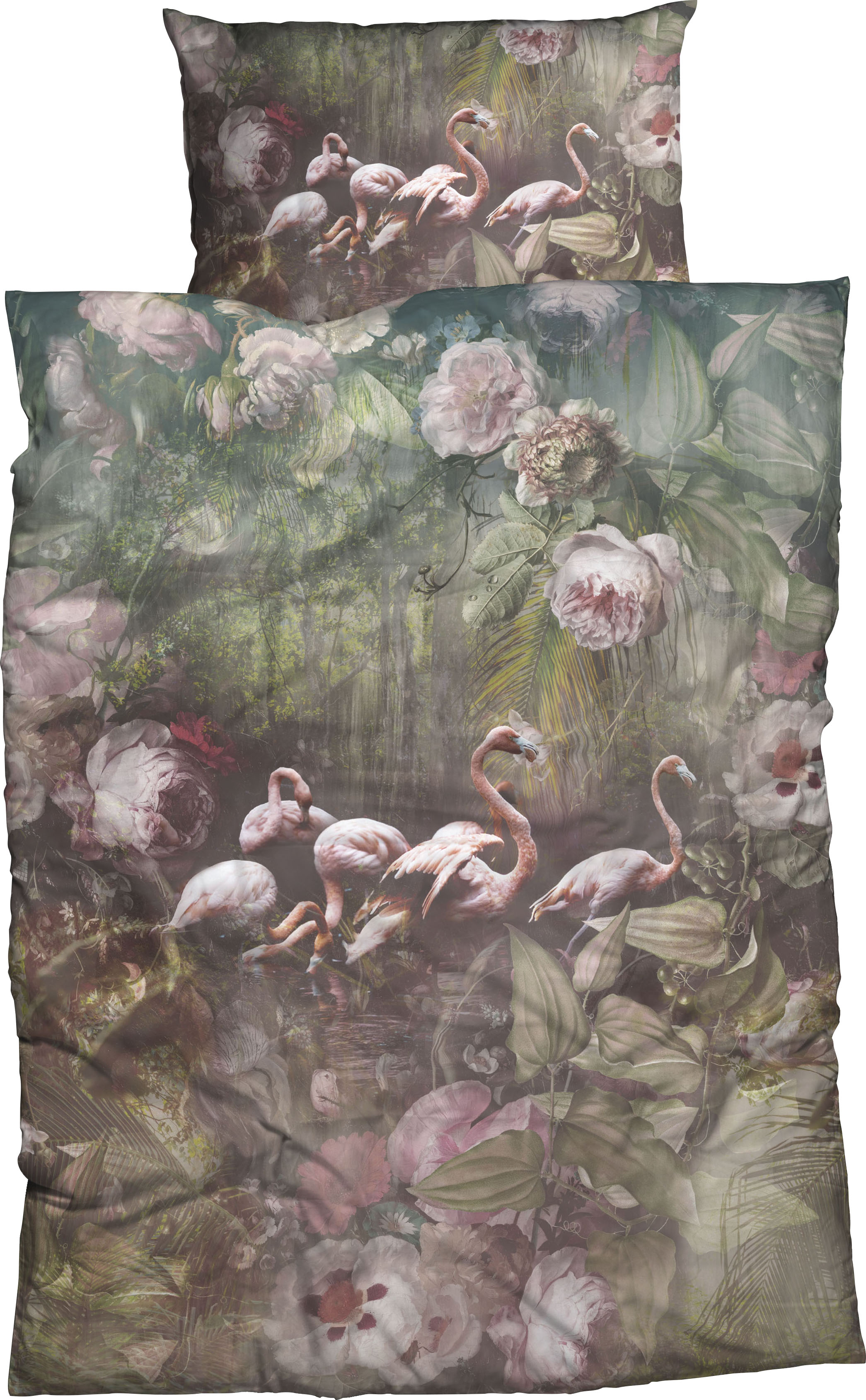 CASATEX Bettwäsche "Flamina", (2 tlg.), zauberhafte Flamingos und Pfingstrosen