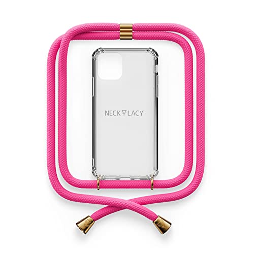 NECKLACY® - Die Premium Handykette für Apple iPhone 13 Pro in Cotton Candy | transparente Handyhülle mit hochwertiger Kordel zum Umhängen - Smartphone Crossbody Case