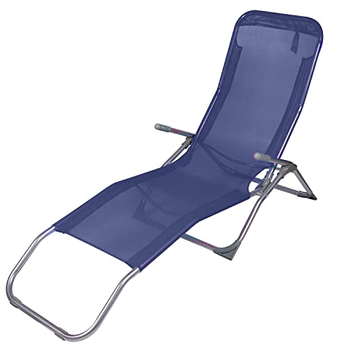 Annastore Sonnenliege Corfu aus leichtem Stahl - Bespannung Polyester - Zwei Sitz- und Liegepositionen - zusammenklappbar Strandliege Campingliege Schwingliege Gartenliege - Farbe Marineblau