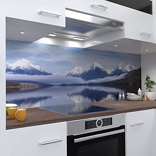 OneWheel | selbstklebende Küchenrückwand | 280x80 cm harte PVC Folie | Wandtattoo für Fliesenspiegel Design Berge Blau | Motiv: Lake Mc Donald