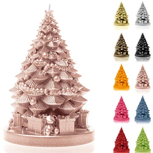 Candellana Kerze Weihnachtsbaum mit Geschenken | Höhe: 16 cm | Roségold | Brennzeit 35h | Weihnachten | Handgefertigt in der EU