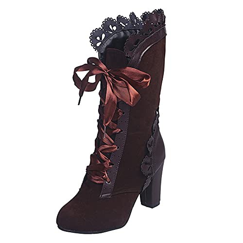 Damen Vintage Viktorianische Stiefel Schnüren Bogen Stiefel Victoria retro Stiefel Ankle boots mit Blockabsatz Elegant Schuhe Damen Gothic Steam Punk Stiefel (Brown, 38)