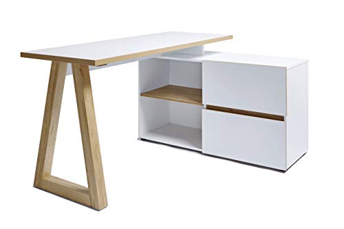 Amazon-Marke: Jahnke Stanberg - L-Form Schreibtisch mit 2 Schubladen, 140 x 110 x 76 cm, Kerneiche/Weiß