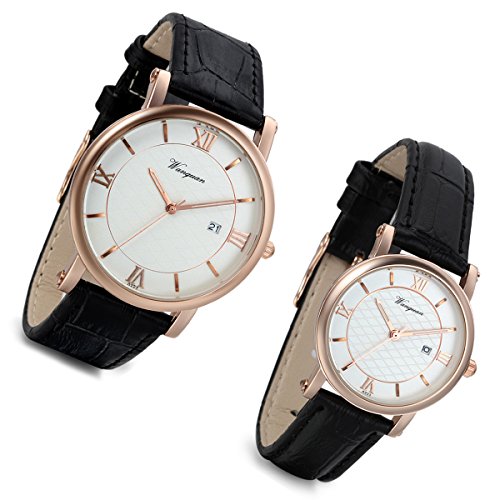 Lancardo 2pcs Herren Damen Freundschafts Armbanduhr, Casual Analog Quarz Kalender Design klassisch Uhr für Lieben Valentinstag Paar Paare Geschenk, Leder Armband, braun