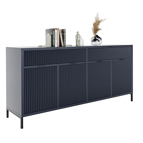 GREKPOL Kommode Wave groß Aufbewahrungsschrank mit 2 Schubladen und 4 Türen Vielseitiger Stauraum Kommode Metallgestell Schubladenschrank Sideboard (Indigo)