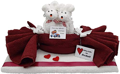 Frotteebox Geschenk Set Bären Hochzeitspaar aus 2X Handtuch dunkelrot/weiß (100x50cm) und 2X Waschhandschuh weiß geformt