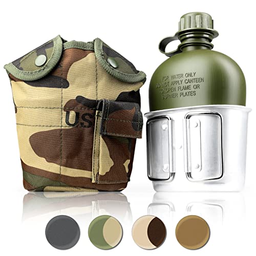 Ganzoo Feldflasche 1 Liter inkl. Trinkbecher (Kochbehälter) aus Aluminium, Bundeswehr-Flasche/Alu Travel Bottle + Stofftasche in Bundeswehrgrün/Camouflage