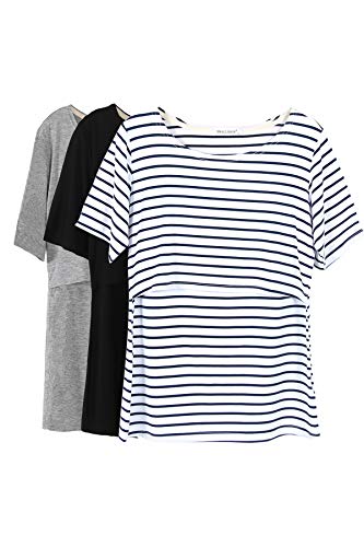 Smallshow Stillshirt Umstandstop T-Shirt Überlagertes Design Umstandsshirt Schwangerschaft Kleidung Mutterschafts Kurzarm Shirt,Black/Grey/White Stripe,XL