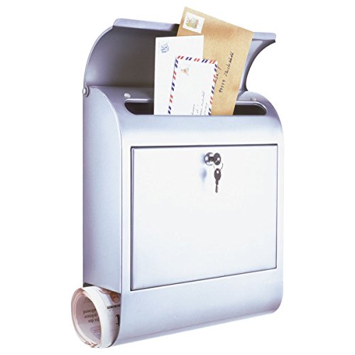 axentia Briefkasten in Silber, Postbox mit Zeitungsfach, Postkasten mit Namensschild und 2 Schlüsseln, Mailbox mit breitem Schlitz, Wandbriefkasten mit Regenschutz