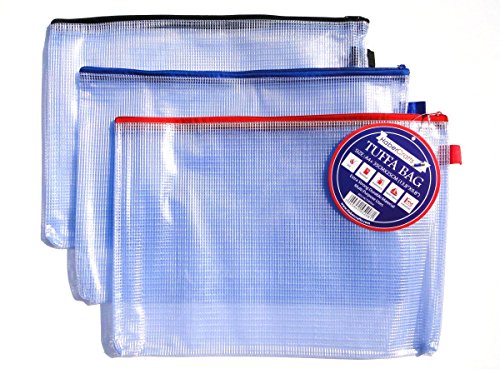 A4 Tuff Bag Zip Wallet Clear Plastic Wallets Zipped Pouch File Pencil Case Folder Water Resistant Reforced Heavy Duty Mesh Bags (Fits A4-12 Pack)