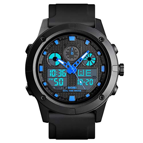 FeiWen Herren Multifunktional Wasserdicht Uhren Analog Quarz Doppel Zeit LED Digital Elektronik 50M Wasserdicht Outdoor Militär Sport Armbanduhren (Blau)