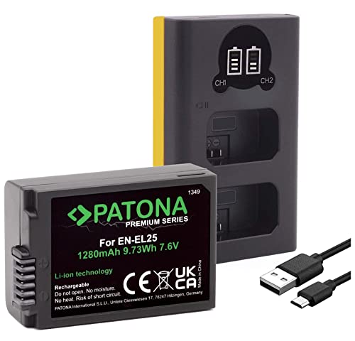PATONA Premium EN-EL25 Akku (1280mAh) mit Mini LCD DUAL Ladegerät (USB-C/MicroUSB) kompatibel mit Nikon Z50 Z fc