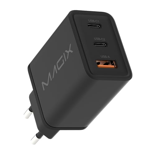 Magix 65W 3-Port Ladegerät, USB C GaN PD Power Delivery, 2X USB-C und 1x USB-A Ports, kompatibel mit MacBook Pro, Dell XPS, iPhone 14/13/12 Series, iPad, Galaxy S23 Ultra (EUR Plug)
