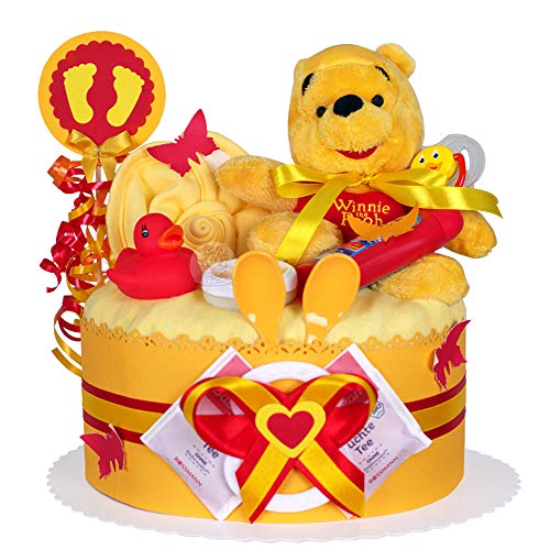 MomsStory - Windeltorte neutral | Winnie Pooh Disney | Baby-Geschenk zur Geburt Taufe Babyshower | 1 Stöckig (Orange) Geburtsgeschenk