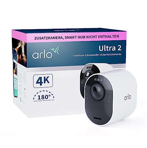 Arlo Ultra 2 Spotlight Überwachungskamera | Kabellos, 4K-Video & HDR | Nachtsicht in Farbe, 2-Wege-Audio, 6 Monate Akkulaufzeit, Bewegungsmelder, 180°-Blickwinkel | VMC5040 | Weiß | SmartHub benötigt