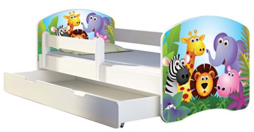 Kinderbett Jugendbett mit einer Schublade und Matratze Weiß ACMA II 140 160 180 40 Design (160x80 cm + Bettkasten, 01 Zoo)