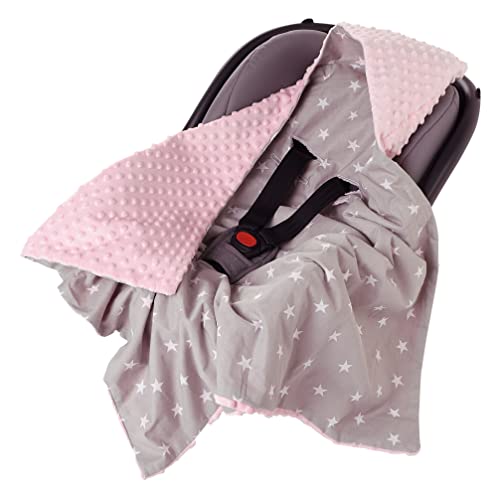 Einschlagdecke 100% Baumwolle 85x85cm doppelseitig multifunktional Minky Kuscheldecke für Kinderwagen weich flauschig (weiße Sterne mit rosa Minky)