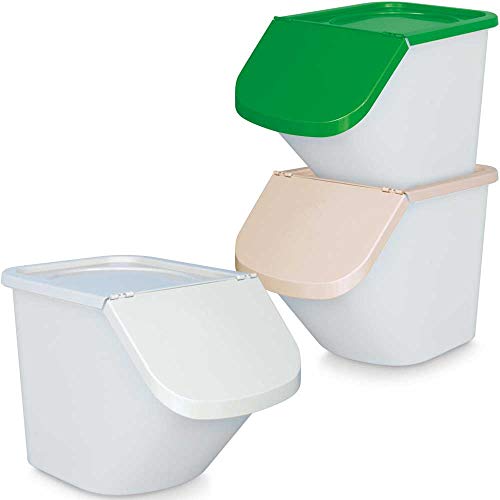 BRB 3X 40 Liter Zutatenbehälter mit Entnahmeklappe, stapelbar, Korpus weiß, Deckel beige/grün/weiß