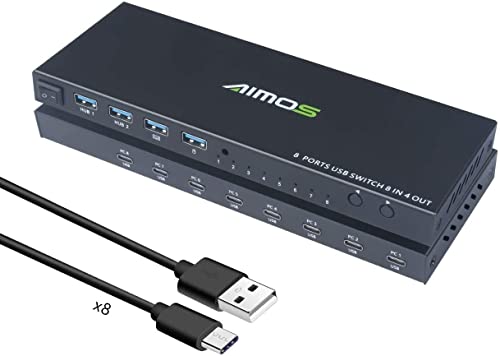 AIMOS USB Switch 8 In 4 Out Umschalter für Drucker, Scanner, Tastatur, USB Sticks, Festplatten, Maus, mit 4 Kabel 1.6 M