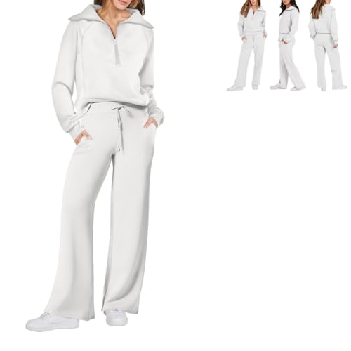 Zhongle Womens 2 Stück Outfits Trainingsanzug Set,2024 Langarm-Sweatshirt mit halbem Reißverschluss und weitem Bein Sweatpants Lounge Sets für Frauen (Weiß,Large)